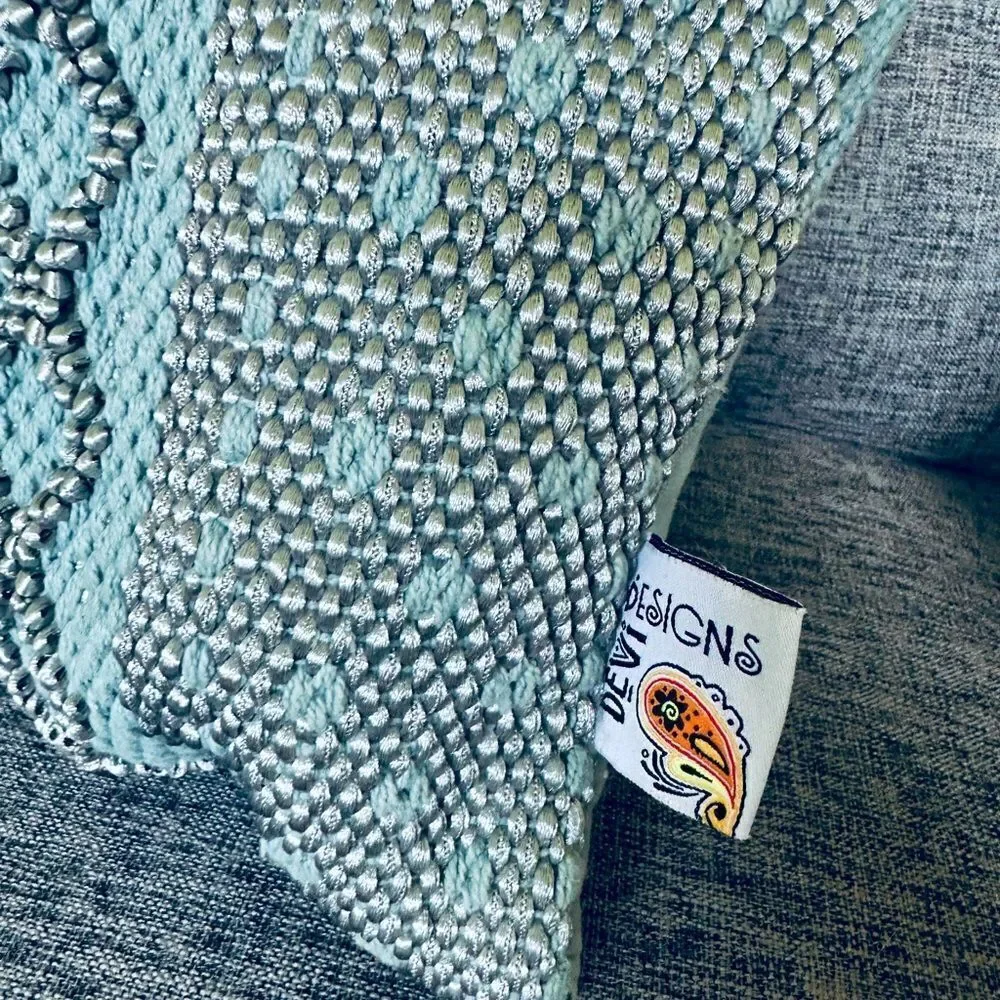 Devi Designs Boho Diamond Teal Blue Gray Fabric Throw Pillow